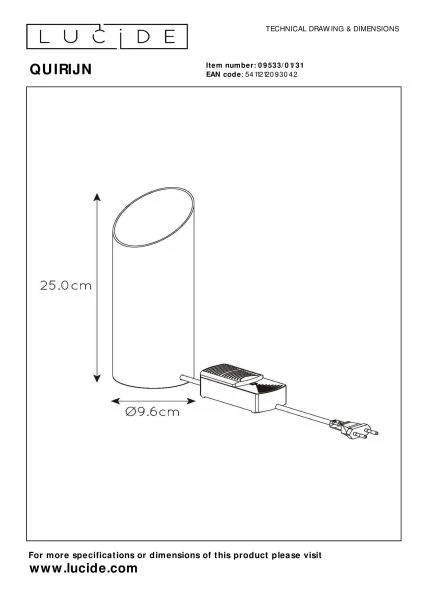 Lucide QUIRIJN - Lampe de table - Ø 9,6 cm - 1xE27 - Blanc - technique